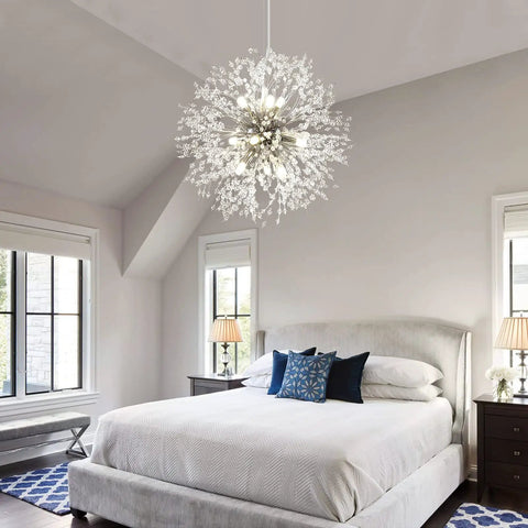 Chrome Modern Crystal Chandelier Firework Pendant Light With Bubble Crystal Orbs in bedroom setting