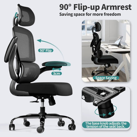 Ergonomic Mesh Office Chair With Wheels For Home Office, 330 Lb Capacity, Adjustable Armrests for desk work.
