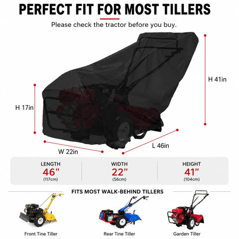 Beefed Up Heavy Duty Walk Behind Tiller Cover For 21A-25MB000 20 With measurements and compatible tiller types shown