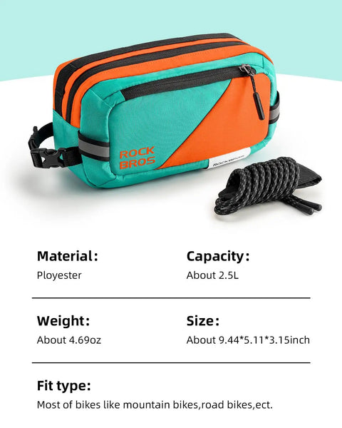 Ride Ready Must Have High Capacity Bike Handlebar Bag with Quick Release Front Bag in orange and teal, 2.5L, polyester.