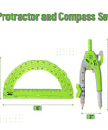 Geometry Compass And Protractor Set For Math And Drafting, 6 Inch Compass With Protective Case, Green Color, durable plastic protractor
