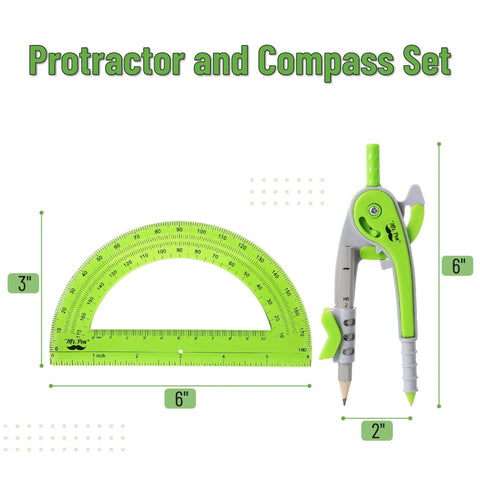 Geometry Compass And Protractor Set For Math And Drafting, 6 Inch Compass With Protective Case, Green Color, durable plastic protractor