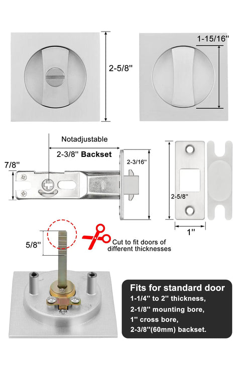 Two Pack Brushed Nickel Privacy Pocket Door Lock Set With Square Handles For Sliding Pocket Doors Not Adjustable Fits Standard Doors