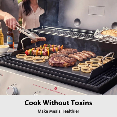 Preseasoned Cast Iron Griddle 25 By 16 Inch for gas and charcoal grills with food cooking, nonstick flat top with grease groove