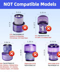 Diagram showing dimensions and model numbers of non-compatible filters for Dyson V10, V12, Outsize, Digital Slim, and Omni-Glide models.