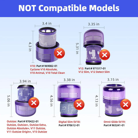 Diagram showing dimensions and model numbers of non-compatible filters for Dyson V10, V12, Outsize, Digital Slim, and Omni-Glide models.