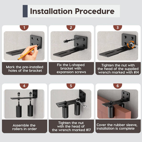 Heavy Duty Sliding Gate Roller Bracket Kit With L Rear Post Steel Bracket installation steps, 6mm support, black rollers
