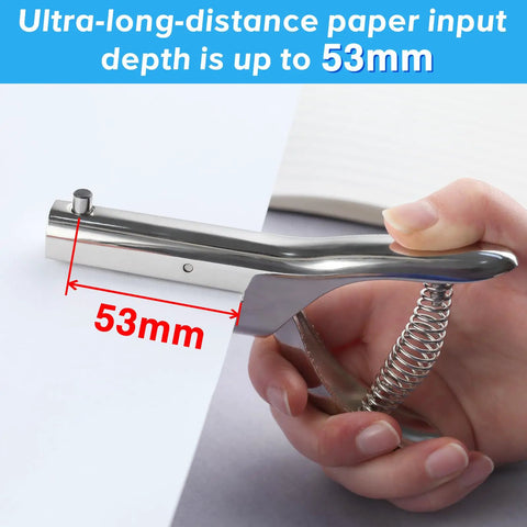 Heavy Duty Handheld Single Hole Punch with long reach up to 53mm, ideal for DIY projects, badges, tags, and scrapbooks.