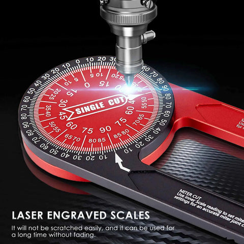 Precision Laser Etched 8.7 Inch Miter Saw Protractor and Heavy Duty Angle Finder with laser engraved scales.