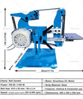 Heavy Duty 750 Watt Electric Belt Sander Bench Grinder With Polishing Machine And Sanding Belts Adjustable Angle Industrial Grade Steel Body for woodworking and metal projects, side view with dimensions.