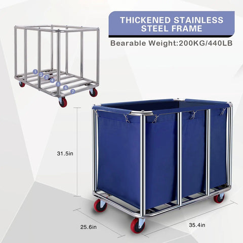 Heavy Duty Workhorse Laundry Cart With Smooth Rolling Casters Massive Linen Hopper And Rust Resistant Stainless Steel Wash Bin Absolutely Built Different For Industrial Use, 31.5in high, blue fabric.
