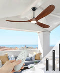 52 Inch Wood Walnut Outdoor Ceiling Fan With Lights And Remote Control, installed in a bright patio space, hand holding remote