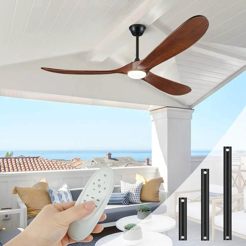 52 Inch Wood Walnut Outdoor Ceiling Fan With Lights And Remote Control, installed in a bright patio space, hand holding remote
