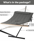 Two Person Outdoor Hammock With Stand And Carry Bag, Cotton Rope Hammock With Detachable Reversible Quilted Polyester Pad, Dark Gray