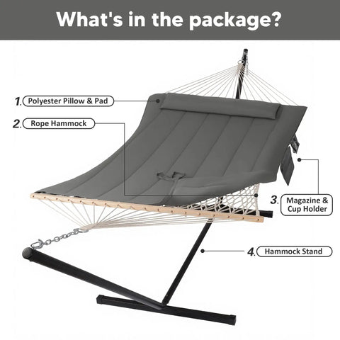 Two Person Outdoor Hammock With Stand And Carry Bag, Cotton Rope Hammock With Detachable Reversible Quilted Polyester Pad, Dark Gray