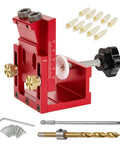 Top Shelf Pocket Hole Jig Kit For Woodworking Rugged Aluminum Guide with drill bits, adjustable stops, and clamping fixture.