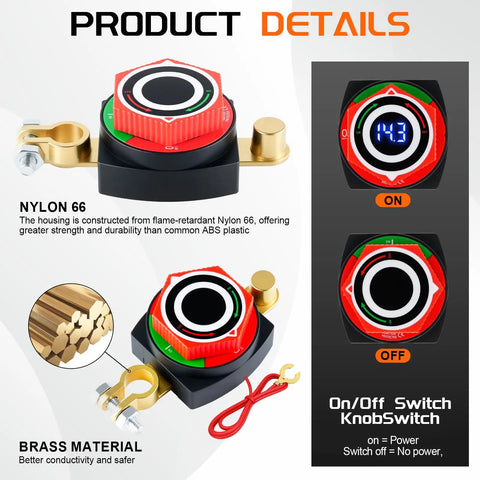 Upgraded Battery Disconnect Switch With Bright Digital Voltage Meter And Tailgate Ready Kill Isolator For Auto Rv Truck Marine Negative Terminal Battery Shield showing nylon housing and brass connections.