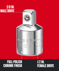 Three Eighths To One Half Inch Socket Adapter For One Half Inch Drive, Female To Male, Chrome Plated And Corrosion Resistant