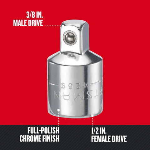 Three Eighths To One Half Inch Socket Adapter For One Half Inch Drive, Female To Male, Chrome Plated And Corrosion Resistant