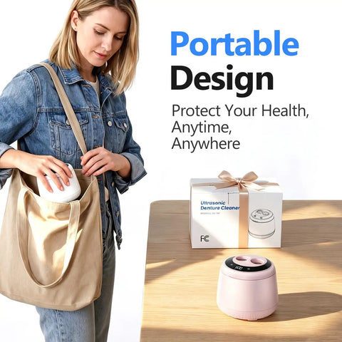 A woman placing the 48 kHz Ultrasonic Retainer Cleaner into a tote bag, highlighting its portable design for easy use.