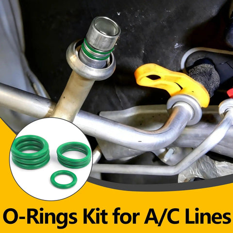 Close-up of 485 Piece Metric AC O Ring Kit For Automotive HVAC Systems showing green O-rings on AC lines and fittings.