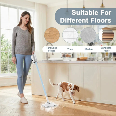 Tough Six In One Rotary Steam Mop With Dual Heat Settings And A Long Twenty Three Foot Cord using on hardwood floor.