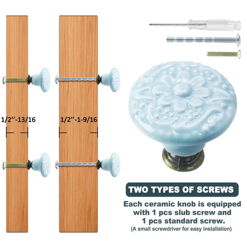 12 Pcs Sky Blue Ceramic Cabinet Knobs Are A Total Game-Changer For Your Kitchen Or Bath with installation screws and wood sample shown.