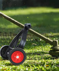 Universal String Trimmer Wheel Support attaches to any weed eater, showing black and red wheel on grassy surface.