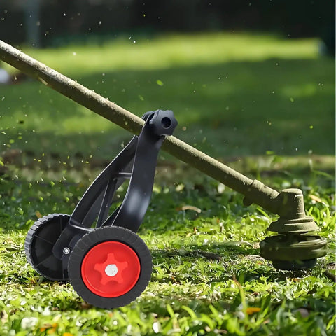Universal String Trimmer Wheel Support attaches to any weed eater, showing black and red wheel on grassy surface.