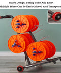 Multi Spool Cable Dispenser Cart On Wheels For Easy Wire Dispensing In Factories with four orange reels and red wheels.