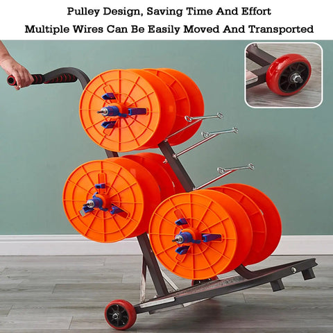 Multi Spool Cable Dispenser Cart On Wheels For Easy Wire Dispensing In Factories with four orange reels and red wheels.