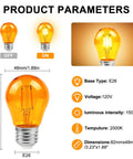 Soft Amber LED Edison Bulbs A15 2W 2000K Warm Glow with E26 base, image showing bulb dimensions and product specifications