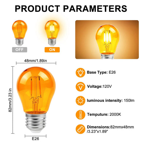 Soft Amber LED Edison Bulbs A15 2W 2000K Warm Glow with E26 base, image showing bulb dimensions and product specifications