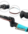 Knockout Heavy Duty Pneumatic Air Belt Sander With 360 Swivel Handle For Weld Prep And Rust Stripping Built Tough On The Jobsite For Smooth Finish Results, close-up of sanding belt attachment detail.