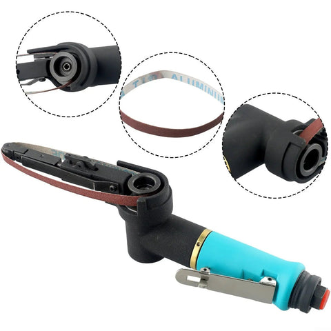 Knockout Heavy Duty Pneumatic Air Belt Sander With 360 Swivel Handle For Weld Prep And Rust Stripping Built Tough On The Jobsite For Smooth Finish Results, close-up of sanding belt attachment detail.