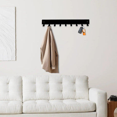 Key Holder Wall Mounted With 18 Hooks Space Saving Sleek Metal Key Organizer Rack Black Key Hanger above white sofa with coat and keys
