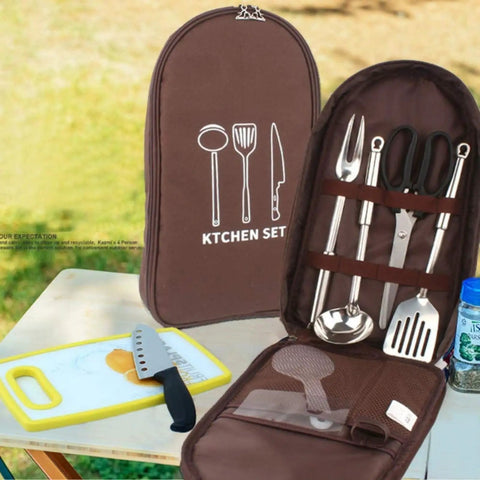 12 Piece Outdoor Camping Cookware Set Stainless Steel Portable Kitchen Tools Including Knives Spatulas Scissors Cutting Boards