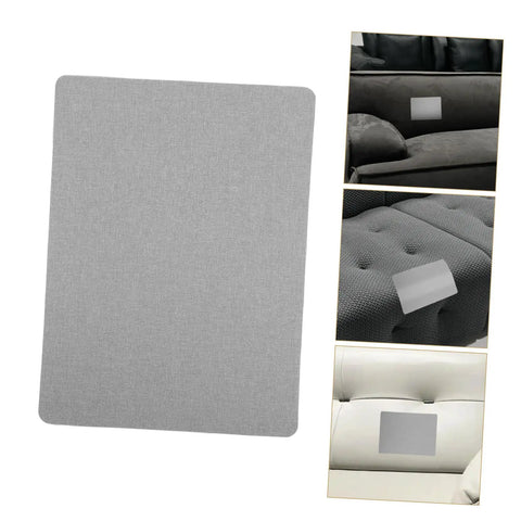 Self Adhesive Linen Repair Patch Kit, 5 Pieces, Grey Appliques For Quick Tees And Jeans Fixes, Sweatshirts, And Furniture, Easy To Use Fabric Patches shown applied on various furniture surfaces