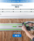 Person using track saw on guide rail with Guide Rail Connector Set Replacement For Track Saw Guide Rails Quick Secure No Fuss Link With Two Connectors Screws And Hex Key Included Precise Alignment Durable Fit For Long Lasting Cuts.