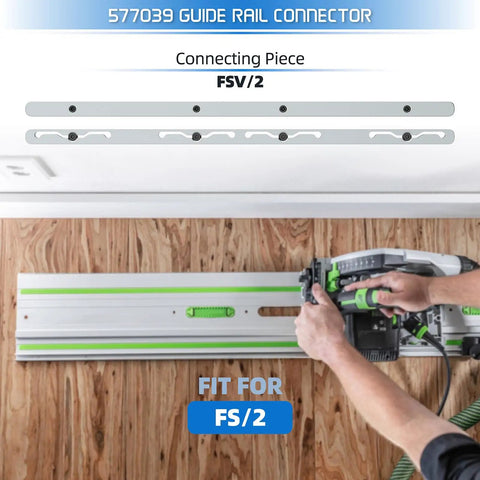 Person using track saw on guide rail with Guide Rail Connector Set Replacement For Track Saw Guide Rails Quick Secure No Fuss Link With Two Connectors Screws And Hex Key Included Precise Alignment Durable Fit For Long Lasting Cuts.