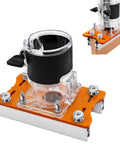 Rock Solid Wood Trim Router Base For 65mm Palm Tools Dead Nuts Precision Anti Wobble Plate on a router, featuring clear housing and aluminum base.