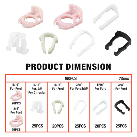160 Piece Nylon Fuel Line Clip Kit With Seven Sizes For 3 8 Inch And 5 16 Inch Hoses, displayed in multiple colors and dimensions
