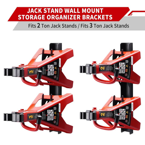 Heavy Duty Jack Stand Wall Mount Organizer For 2 And 3 Ton Stands In 12 Gauge Steel With Powder Coat Finish on a white background