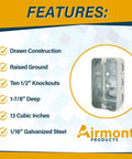 Go-To Metal Handy Electrical Box 4x2 Inch, Single-Gang, 1-7/8 Inch Depth, Drawn Steel Construction, 1/2 Inch Knockouts