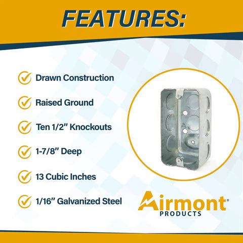 Go-To Metal Handy Electrical Box 4x2 Inch, Single-Gang, 1-7/8 Inch Depth, Drawn Steel Construction, 1/2 Inch Knockouts
