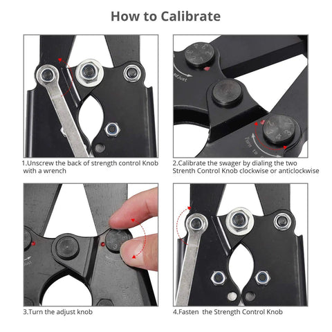 Calibration steps for 2 In 1 Wire Rope Crimping Tool And Cutter For DIY Rigging with close-up of adjustment knobs.