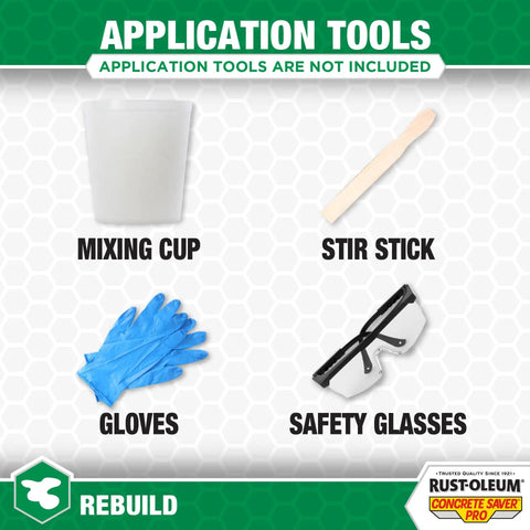 Application tools including a mixing cup, stir stick, gloves, and safety glasses, not included with Pro Structural Concrete Repair Patch.