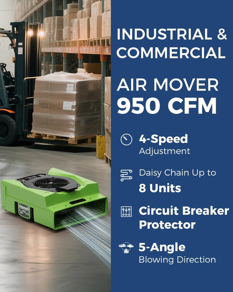 950 CFM Air Mover For Carpets Walls And Plumbing, Compact Stackable Commercial Blower Fan With 1.8 Amps Draw, On Board GFCI, Circuit Breaker Protection, Daisy Chain Up To 8 Fans, LCD Hour Meter, 10 Year Warranty