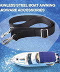 Adjustable Black Bimini Top Straps Set For Boats, nylon straps with stainless steel snap hooks shown above a boat with canopy.
