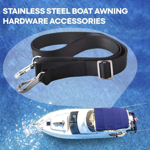 Adjustable Black Bimini Top Straps Set For Boats, nylon straps with stainless steel snap hooks shown above a boat with canopy.